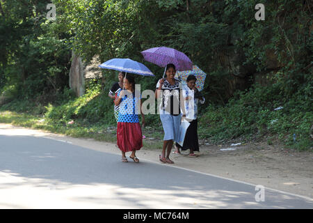 North Central Provinz Sri Lanka Straße in Richtung Giritale Frauen zu Fuß von der Straße mit Sonnenschirmen für Schatten von der heißen Sonne Stockfoto