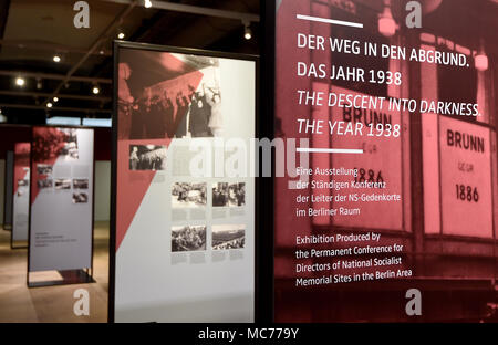 13 April 2018, Deutschland, Oranienburg: eine neue Ausstellung in Sachsenhausen 'Der Weg in den Abgrund - Das Jahr 1938" (Lit. Der Weg in den Abgrund - das Jahr 1938) wird die Erinnerung an die Ereignisse, die sich im Jahr 1938, nahm, mit der Progromnacht (Nacht der Scherben, ein Höhepunkt war der Verfolgung der Juden. Foto: Bernd Settnik/dpa-Zentralbild/dpa Stockfoto