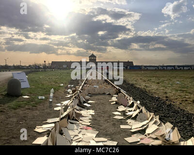 12 April 2018, Polen, Auschwitz: Karten liegen entlang der Bahngleise in Richtung ehemaligen KZ Birkenau führenden verstreut. Die Teilnehmer des 'March der Lebenden" haben die Namen ihrer relativen auf der Karte, für die Sie takeing teil, die in der März geschrieben wurden. Rund 12 000 junge Juden aus der ganzen Welt, der Opfer des Holocaust gedacht. Zusammen gingen sie mit Überlebenden auf der drei Kilometer langen Weg von Auschwitz nach Birkenau, das war das größte deutsche Vernichtungslager während der Zeit des Nationalsozialismus. Foto: Natalie Skrzypczak/dpa Stockfoto