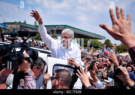 April 13, 2018 Cuautitlan Izcalli, Staat von Mexiko. 13 Apr, 2018. Die Kandidaten für die Präsidentschaft von Mexiko, Andres Manuel LÃ³pez Obrador, der Juntos Haremos Historia Koalition, besuchte die Gemeinde CuautitlÃ¡n Izcalli Staat von Mexiko. Foto: OMAR L'PEZ Kreditkarte: Kreditkarte: / ZUMA Draht/Alamy leben Nachrichten Stockfoto