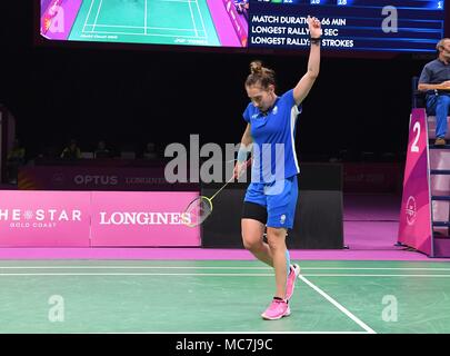 Queensland, Australien, 14. April 2018. Kirsty Gilmour (SCO) feiert Sieg einen Punkt am Ende des Spiels. Frauen singles. Halbfinale. Badminton. XXI Commonwealth Games. Carrara Sporthalle 2. Gold Coast 2018. Queensland. Australien. Credit: Sport in Bildern/Alamy leben Nachrichten Stockfoto