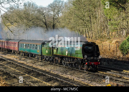 Tangmere 34067, Bulleid light Pacific Dampflokomotive. Die Schlacht um England klasse Lok auf der BR mainline schleppen ein Dampfbad. Von Bäumen gesäumten Schnitt Stockfoto