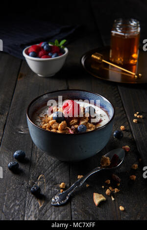 Frisches Müsli, Müsli mit Joghurt, getrockneten Apfel, Blaubeeren, Himbeeren und Chia Samen mit Honig und Mixed berry Obst in Weiß Schüssel auf dunklem Holz. Stockfoto