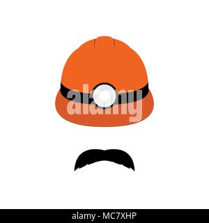 Miner portrait. Zeichen von Berufen. Orange Bergmann mit Helm und Taschenlampe. Stock Vektor