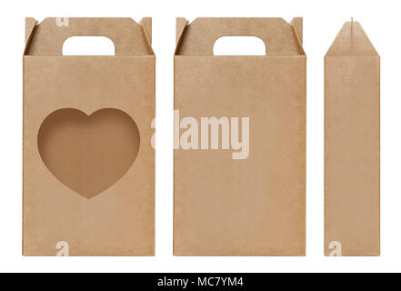 Box braun Fenster Herz-form ausschneiden Vorlage, leere Verpackungen Kraftpapier Box Karton isoliert weißer Hintergrund, Schachteln aus Kraftpapier natürliches Material Stockfoto