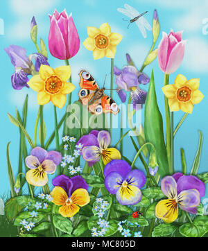 Tageslicht wiese Farbe Hintergrund. Idealistische ruhige Landschaft. Schöne bunte Blumen und Insekten auf einem Hintergrund Stockfoto