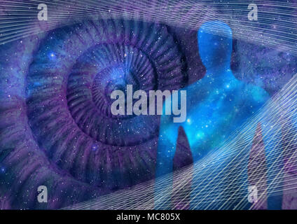 Abbildung der unbegrenzten Möglichkeiten des menschlichen Bewusstseins. Abstrakte Design aus menschlichen Siluette, fraktale Netze und Fibonacci Spirale Stockfoto
