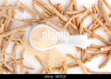 Ashwagandha Ashwagandha Pulver in Löffel mit Wurzeln auf weißem Hintergrund von oben. Stockfoto