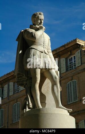 Statue von Adam de Craponne oberhalb der Craponne Brunnen im Salon: Craponne, der war ein Freund von Nostradamus, brachte Wasser, Salon, durch seine Kanäle. Stockfoto