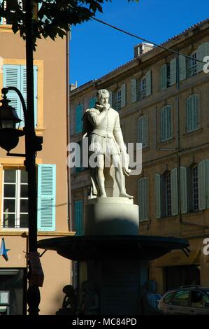 Statue von Adam de Craponne, auf dem Craponne Brunnen im Salon: Er stellte ein System von Kanälen, dass Wasser zu Salon gebracht. Craponne war ein Freund von Nostradamus. Stockfoto