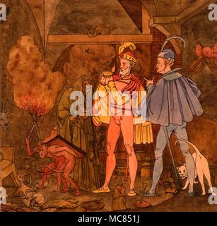 Illustration von Goethes "Faust" spielen, afer Moritz Retzsch, Umrisse zu Goethes "Faust", mit Faust und Mephistopheles in das Haus der Hexe, mit begleitenden Dämonen und Monstern. Stockfoto