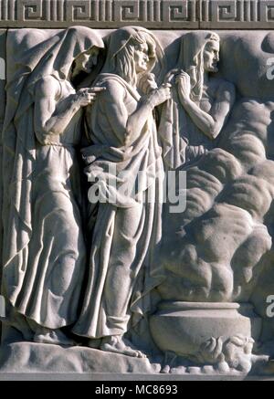 SHAKESPEARE Hexen von Macbeth Flachrelief auf der Außenseite der Folger Shakespeare Library in Washington DC. Von John Gregory, 1932 geschnitzt. William Shakespeare Stockfoto