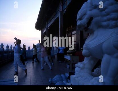 TAI CHI - Chinesisch Üben von Tai Chi vor Dämmerung, in das Revier der Kek Lok Si Tempel, Penang Stockfoto