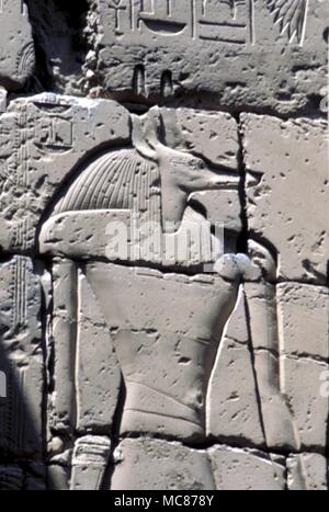 Ägyptische Mythologie - ANUBIS Bas Relief der Schakal - Gott, Anubis, an den Außenwänden der Tempel in Luxor. Stockfoto