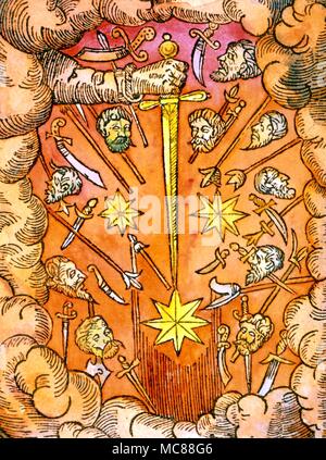 Seltsame Phänomene Holzschnitt aus dem 16. Jahrhundert mit der Darstellung eines 'COMET', die als schrecklicher rächenden Schwert visualisiert wurde. Lose Deutsche Holzschnitt von 1589 Stockfoto