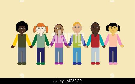 Kinder der verschiedenen Rennen Hände halten in Zweisamkeit. Stock Vektor