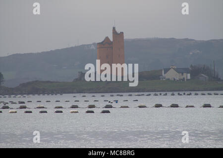 Roaring Water Bay mit Muschel Seile im Wasser hängen, mit kilcoe Schloss, der Heimat der Schauspieler Jeremy Irons, die Bucht ist bei Touristen beliebt. Stockfoto