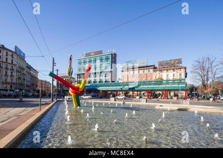 Mailand, November 2017: Moderne U-Bahnhof in Mailand mit Nadel und Faden Installation in Brunnen auf der Piazzale Cadorna Triennale, November 2017 i Stockfoto