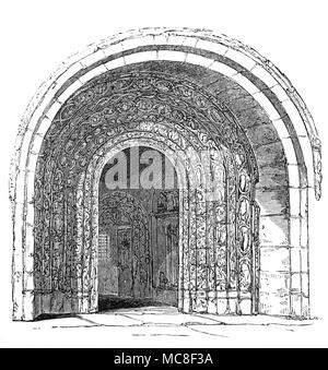 Das romanische Portal und die Tür von Malmesbury Abbey, in Wiltshire, England, einer der wenigen englischen Häuser mit einer fortlaufenden Geschichte aus dem 7. Jahrhundert bis zur Auflösung der Klöster. Die Abtei wurde als Benediktinerkloster um 676 von den Gelehrten - dichter Aldhelm, ein Neffe von König Ine von Wessex gegründet. Die Abtei wurde im Wesentlichen von 1180 abgeschlossen, aber der Turm stürzte in einen Sturm um 1500 zerstört viel von der Kirche, darunter zwei Drittel der Langhaus und Querhaus. Stockfoto