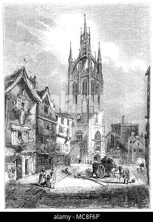 Gesehen von St Nicholas Street, die Kathedrale Kirche des Hl. Nikolaus ist in Newcastle upon Tyne, England. 1091 während der gleichen Periode wie die nahe gelegene Burg gegründet, die normannische Kirche wurde im Jahr 1216 durch einen Brand zerstört und das heutige Gebäude wurde 1350 abgeschlossen, so ist meist der Senkrecht Stil des 14. Jahrhunderts. Der Turm ist für das 15. Jahrhundert Laterne Spire festgestellt. Stark im Jahr 1777 wiederhergestellt, wurde der Bau der Kathedrale Status im Jahr 1882, als es als Kathedrale Kirche des Hl. Nikolaus bekannt. Stockfoto