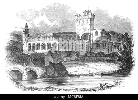 Jedburgh Abbey, eine zerstörte augustinischen Abtei im 12. Jahrhundert gegründet wurde, auf der Jed Wasser, ein Fluss und ein Nebenfluss des Flusses Teviot. Die Abtei ist in Jedburgh, in der schottischen Grenze nördlich der Grenze zu England. 1118, König David eine Stiftung gegründet von Chorherren des Ordens des heiligen Augustinus, was ist jetzt Jedburgh. Die Stiftung erschien den Status eines "Priorat" in den frühen Jahren zu haben und wurde später in den Status von Kloster, bevor er 1147, ein vollwertiges Abtei der Jungfrau Maria geweiht. Stockfoto