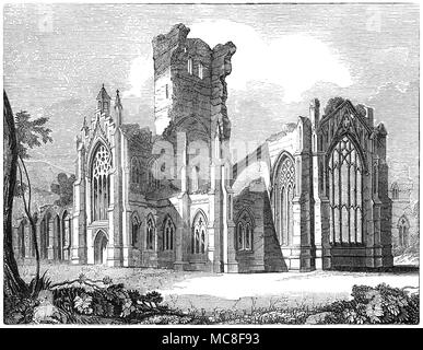 Die Wände der St Mary's Abbey, Melrose ist eine teilweise zerstörten Kloster des Zisterzienserordens in Melrose, Roxburghshire, in den schottischen Borders. Es wurde im Jahre 1136 durch die Zisterzienser Mönche auf Wunsch von König David I. von Schottland gegründet und war der Chef des Hauses, die Ordnung im Land bis zur Reformation. Andere Gebäude wurden im Laufe der folgenden 50 Jahre aufgenommen. Die Abtei wurde in der gotischen Art und Weise gebaut, und in Form von St. John's Cross. Stockfoto