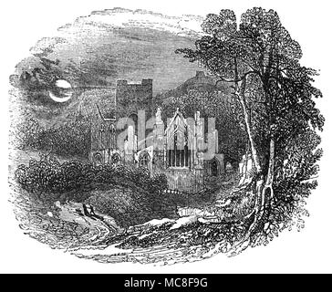 Ein Blick auf die St. Mary's Abbey, Melrose, einer teilweise zerstörten Kloster des Zisterzienserordens in Melrose, Roxburghshire, in den schottischen Borders. Es wurde im Jahre 1136 durch die Zisterzienser Mönche auf Wunsch von König David I. von Schottland gegründet und war der Chef des Hauses, die Ordnung im Land bis zur Reformation. Andere Gebäude wurden im Laufe der folgenden 50 Jahre aufgenommen. Die Abtei wurde in der gotischen Art und Weise gebaut, und in Form von St. John's Cross. Stockfoto