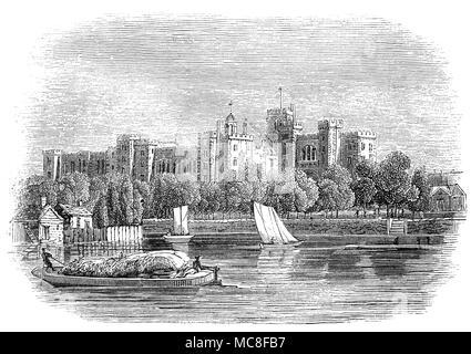 Lambeth Palace, offizielle Londoner Residenz für fast 800 Jahre des Erzbischofs von Canterbury in England steht an der South Bank der Themse in Lambeth, London. Ursprünglich den Landsitz von Lambeth oder Lambeth House genannt, wurde es durch das Erzbistum um 1200 AD erworben und hat die größte Sammlung von Aufzeichnungen der Kirche in ihrer Bibliothek. Das Bild zeigt den Palast vor dem Neubau wurde das Gebäude 1834 hinzugefügt von Edward Blore (1787 - 1879), im neo-gotischen Stil. Stockfoto