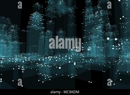 Abstrakten 3d Stadt mit Punkten und blauen Gebäude. Technik und Konzept. 3D-Darstellung auf schwarzem Hintergrund Stockfoto