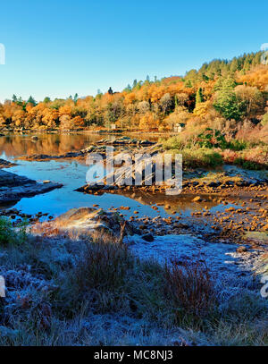 Eine sonnige, Herbst Blick auf Loch Sunart in den schottischen Highlands, als die ersten Anzeichen des Winters erscheinen. Stockfoto