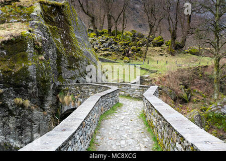 Blick auf schöne alte steinerne Brücke über einen kleinen Gebirgsbach in einem wilden und abgelegenen Tal Stockfoto