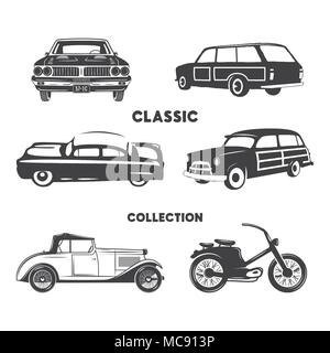Klassische Autos, Oldtimer, Icons, Symbole gesetzt. Vintage Hand gezeichnet Autos, Muskel, Motorrad Elemente. Verwenden Sie für das Logo, Etiketten, t-shirt Drucken, t-Grafik. Vektor Design auf weißem Hintergrund. Stock Vektor