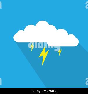 Cloud und Blitze flache Design Vector Illustration auf blauem Hintergrund. Stock Vektor