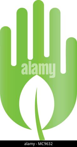 Grünes Blatt in der Hand, Ernte abstraktes Symbol, Ökologie care Symbol, Ernte Silhouette auf weißem Hintergrund, Vector Logo Vorlage. Stock Vektor