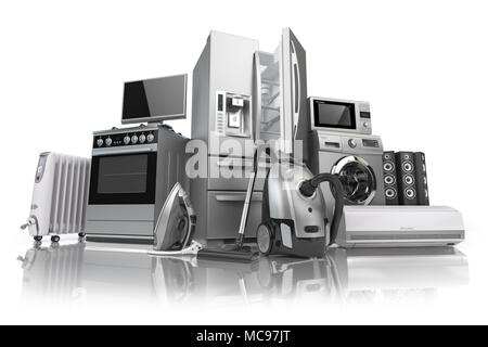 Home Appliances. Der Haushalt Küche Technik auf weißem Hintergrund. E-Commerce Online Internet Shop der Geräte. 3D-Darstellung Stockfoto