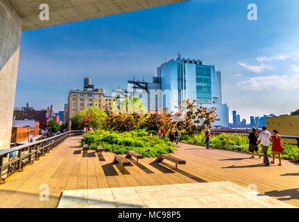 Manhattan, New York City - Juni 14, 2017: Die High Line Park in Manhattan, New York. Der Stadtpark ist beliebt bei Einheimischen und Touristen auf dem elev gebaut Stockfoto