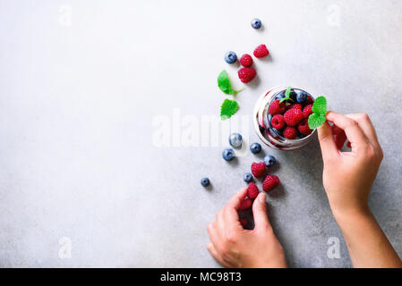 Frau Hände verzieren leckeres Dessert, Chia Pudding. Kopieren Sie Raum, Ansicht von oben Stockfoto