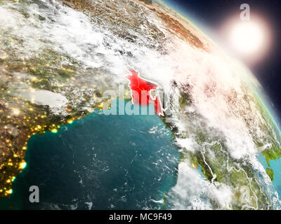 Sonnenuntergang über Bangladesch aus dem Weltraum auf dem Planeten Erde mit sichtbaren Grenzen. 3D-Darstellung. Elemente dieses Bild von der NASA eingerichtet. Stockfoto