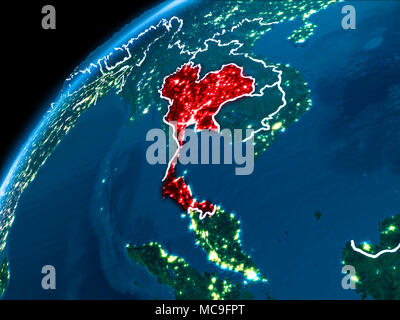 Thailand in den rot markierten aus der Umlaufbahn der Erde bei Nacht mit sichtbaren Grenzen. 3D-Darstellung. Elemente dieses Bild von der NASA eingerichtet. Stockfoto