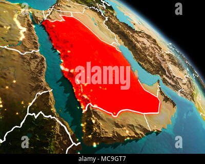 Am frühen Morgen Blick auf Saudi-arabien in Rot hervorgehoben auf dem Planeten Erde mit sichtbaren Grenzen und die Lichter der Stadt. 3D-Darstellung. Elemente dieser Ima Stockfoto