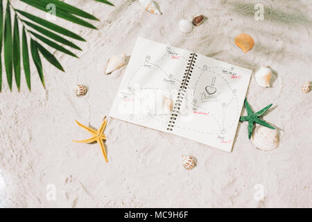 Buchen Sie mit Strohhut und Muscheln am Strand Stockfoto