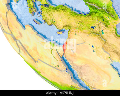 Karte von Israel in Rot auf Kugel mit echten Planeten Oberfläche, geprägte Länder mit sichtbarer Landesgrenzen und das Wasser in den Ozeanen. 3D-Darstellung. Elem Stockfoto