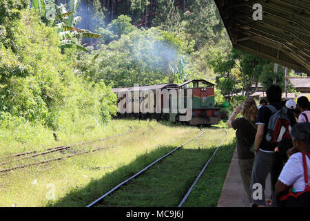 Die Menschen warten auf die ankommenden Zug am Bahnhof Ella, Ella, Sri Lanka Stockfoto