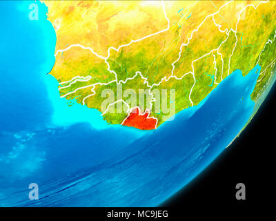 Karte von Liberia in Rot vom Platz auf dem Planeten Erde mit weißen Grenzen gesehen. 3D-Darstellung. Elemente dieses Bild von der NASA eingerichtet. Stockfoto