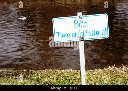 Schild mit deutschen Wörtern Bitte keine Tiere füttern durch einen See mit Enten Stockfoto