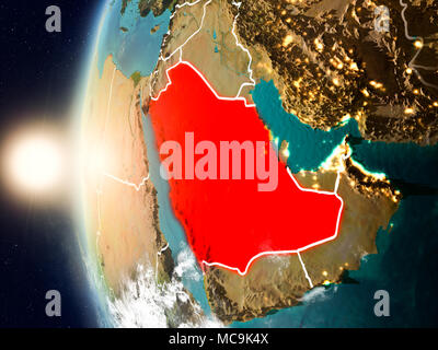 Satellitenansicht von Saudi-arabien in Rot hervorgehoben auf dem Planeten Erde mit Wolken und sichtbare Grenzen während des Sonnenuntergangs. 3D-Darstellung. Elemente der Stockfoto