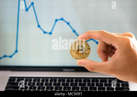 Golden bitcoin in der Hand des Menschen auf dem Hintergrund des Diagramms. Stockfoto