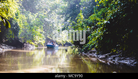 Kinabatangan, Malaysia - 7. Mai 2013: Touristen auf eine Bootsfahrt auf dem Fluss Kinabatangan, der einige der unterschiedlichsten Konzentration an Wildtieren in Stockfoto