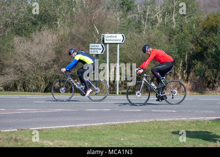 Radfahrer in der Nähe von Nomansland, New Forest, Hampshire, Großbritannien, 14.. April 2018, Teilnahme an der jährlichen Rundstrecke New Forest Spring Wiggle. Stockfoto