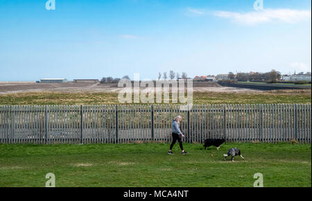 Cockenzie, UK. 14. April 2018. Dog Walker am Standort der ehemaligen Cockenzie power station in East Lothian, Schottland. Eine Zeile hat begonnen mit Bedenken über die Schottische staatsanteile Entscheidung zu Òcall inÓ eine Planung Anwendung von Red Rock Power auf erneuerbare Energieträger sub-Station auf dem Aufstellungsort zu errichten. Red Rock Power, Teil von Chinas größten staatlichen Investitionsfonds, der staatlichen Entwicklung und Investment Corporation (SDIC), will die die Sub-Station, um Energie aus dem Zoll Kap Offshore-Windpark Feed, in der Nähe von Angus, in das nationale Stromnetz. Credit: Iain Masterton/Alamy leben Nachrichten Stockfoto